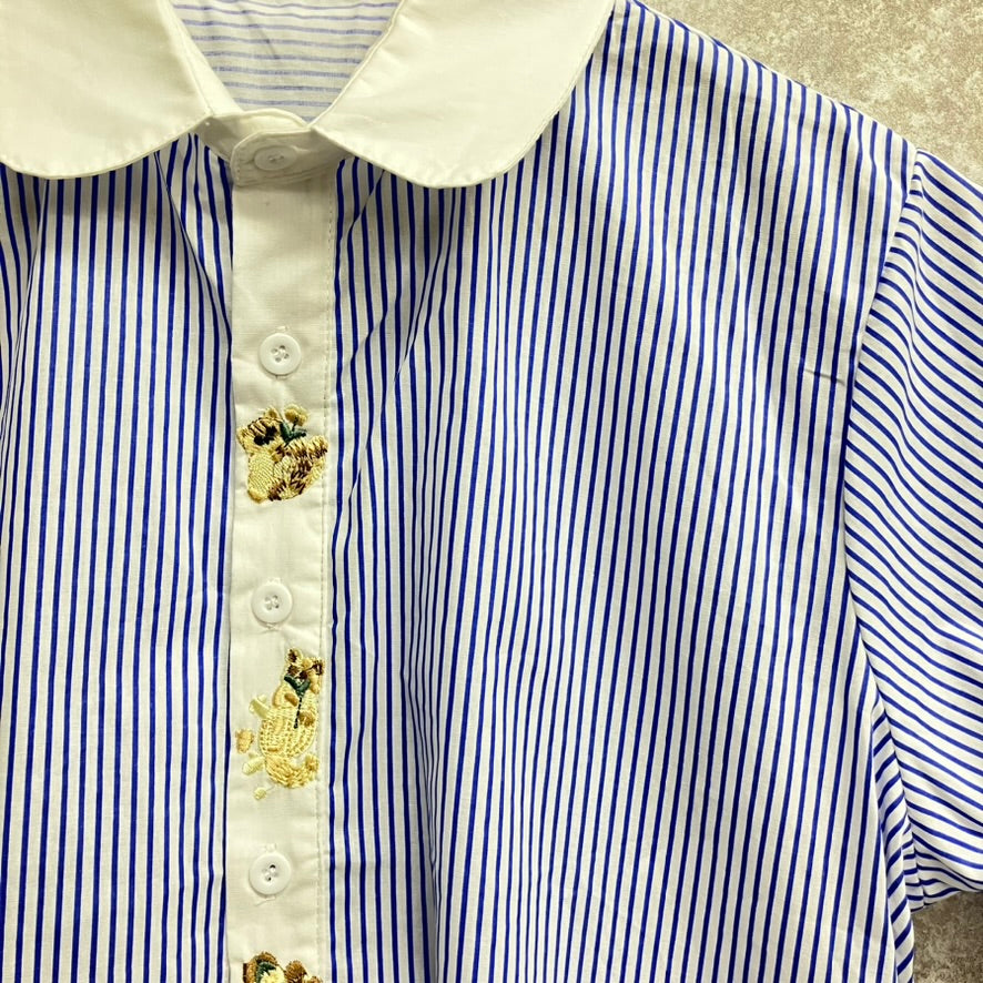 猫刺繍ストライプ半袖ブラウス ブルー※6/11~17迄に順次発送予定