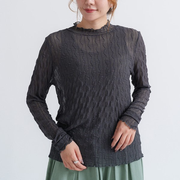 ウェーブ柄シアーハイネックトップス チャコール ※3/4迄に順次発送予定
