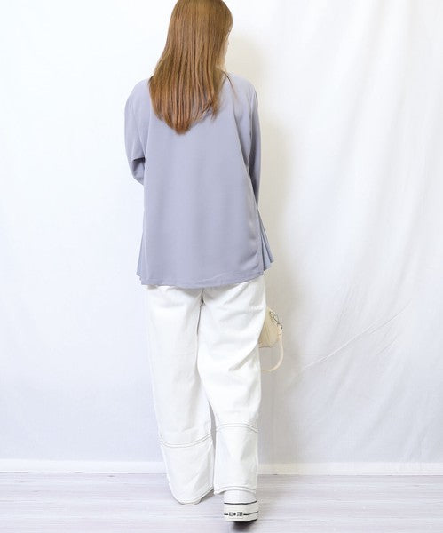 サイドプリーツ丸首長袖カットソーchouchou ブルーグレー※4/9~15迄に順次発送予定