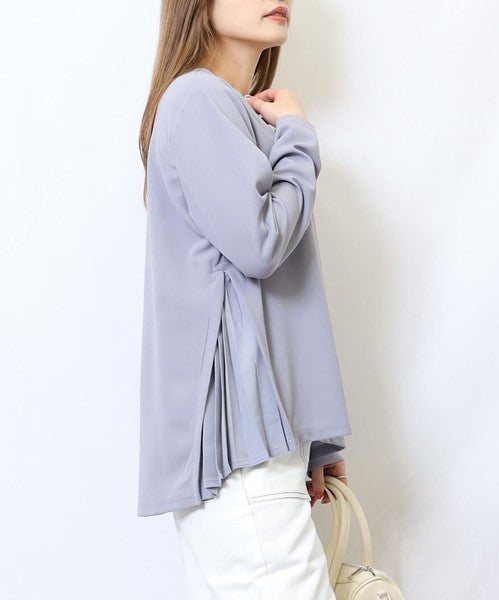 サイドプリーツ丸首長袖カットソーchouchou ブルーグレー※4/9~15迄に順次発送予定