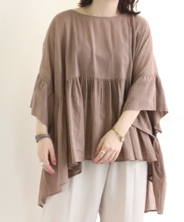 インド綿100%ジャガード フレアブラウス モカ※7/23~29迄に順次発送予定