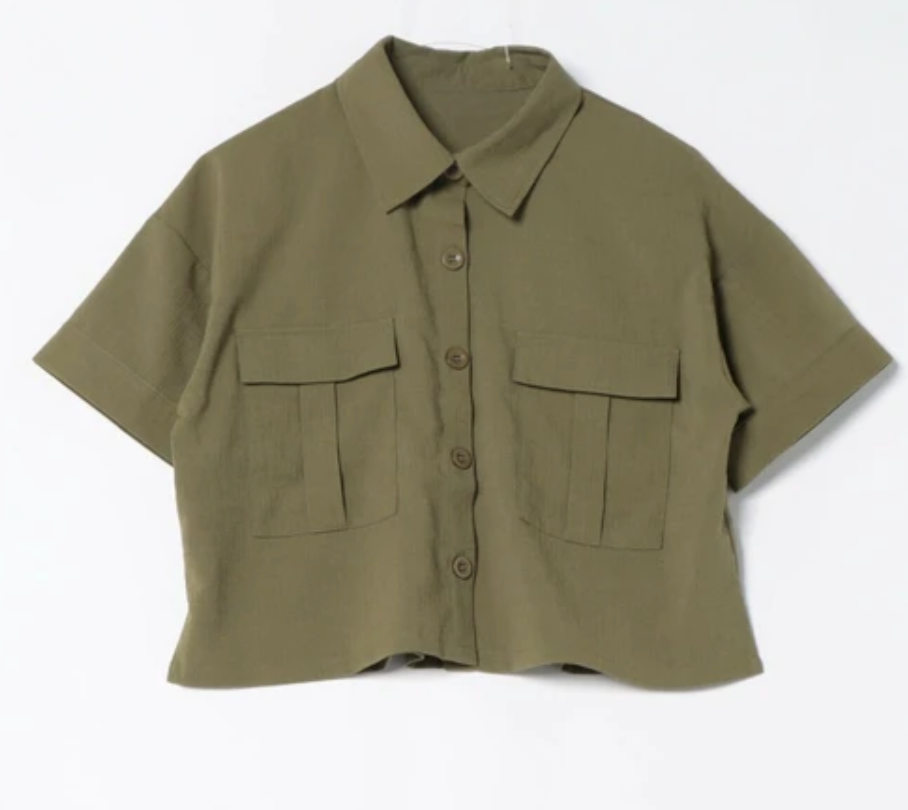 クロップ半袖シャツブラウス カーキ※5/28~6/3迄に順次発送予定