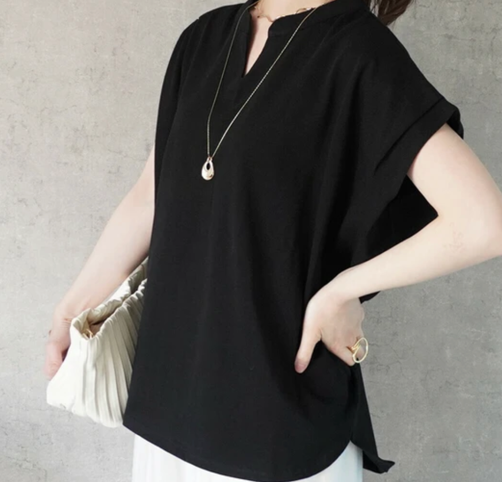 天竺キーネックフレンチスリーブTシャツ ブラック※7/16~22迄に順次発送予定