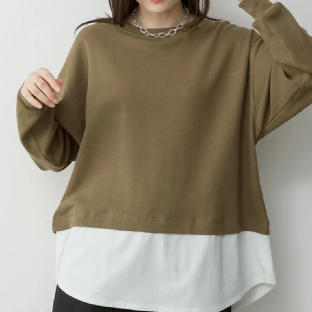 ワッフル裾切り替え長袖Tシャツ カーキ※4/23~29までに順次配送予定