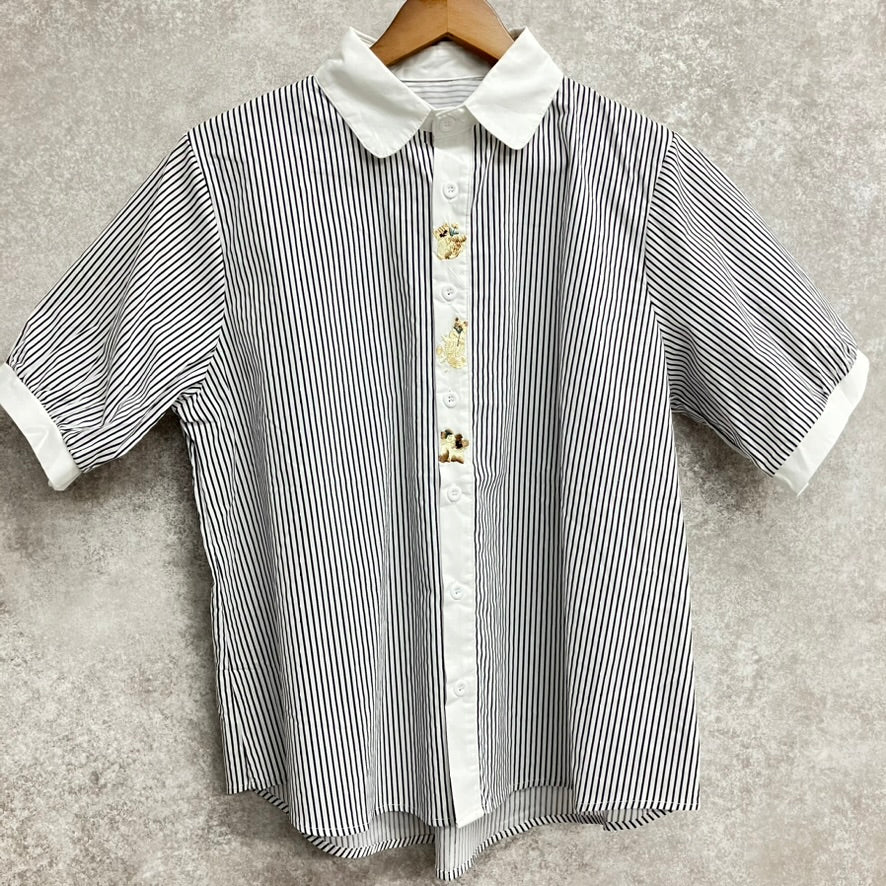 猫刺繍ストライプ半袖ブラウス ブラック※6/11~17迄に順次発送予定