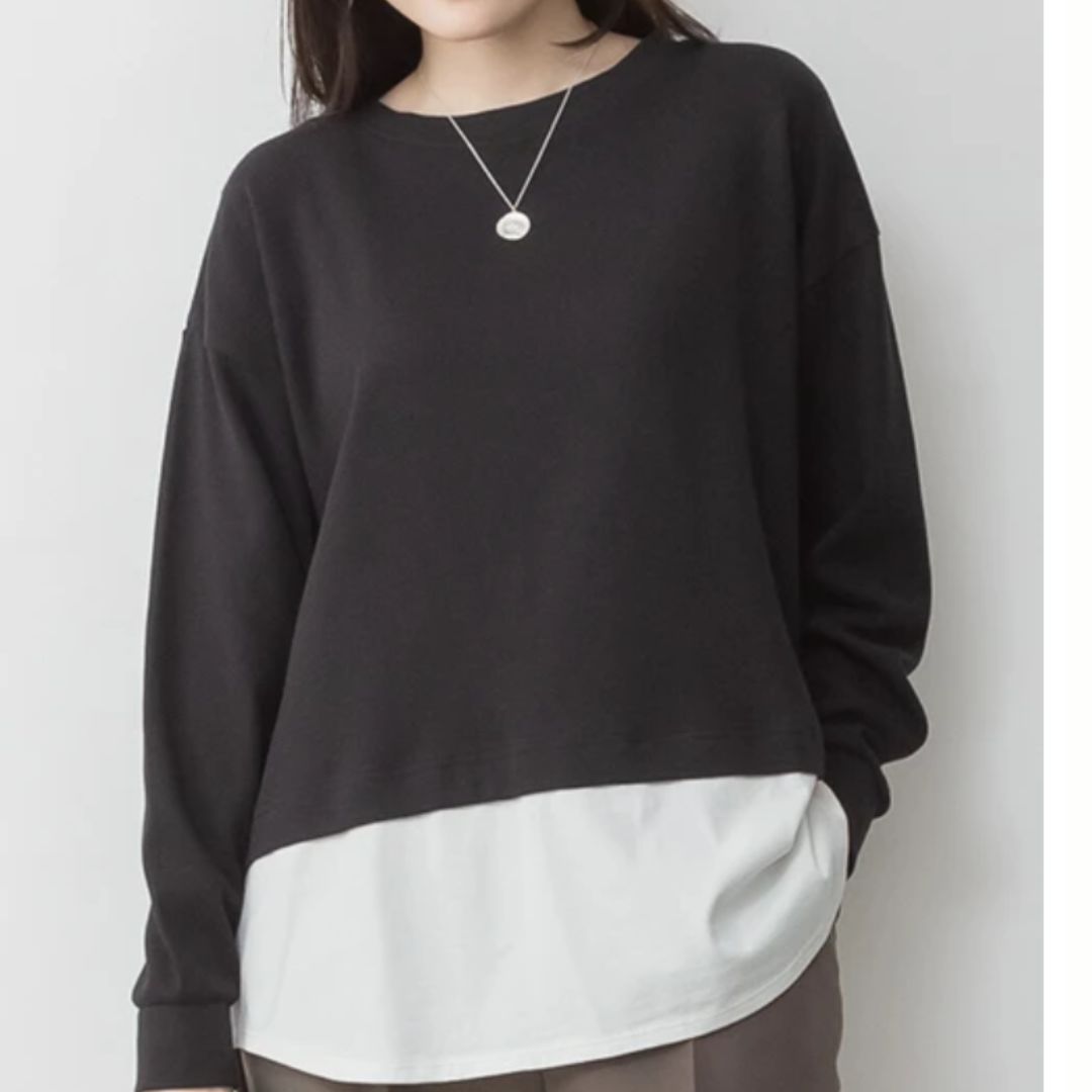 ワッフル裾切り替え長袖Tシャツ ブラック※7/2~8迄に順次発送予定