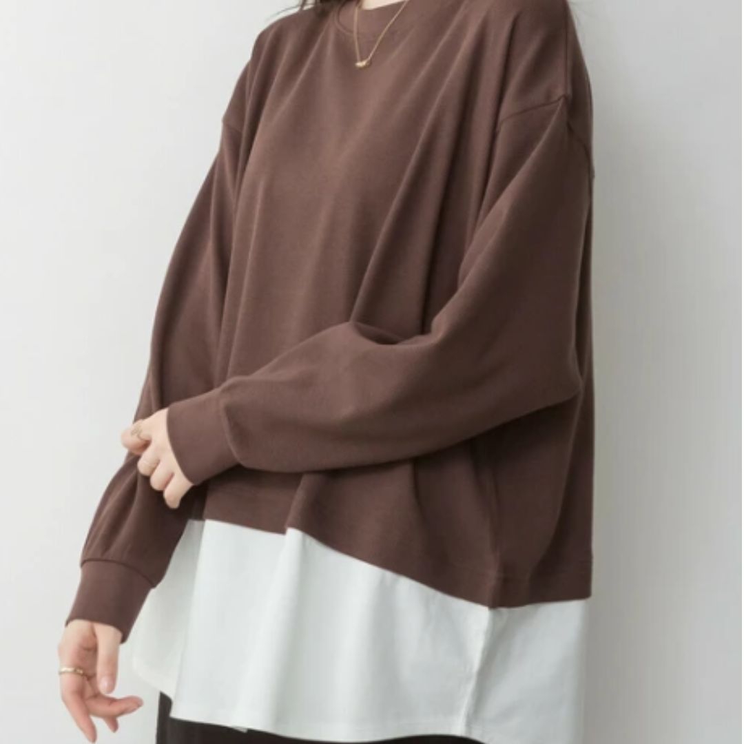 ワッフル裾切り替え長袖Tシャツ ブラウン※7/2~8迄に順次発送予定
