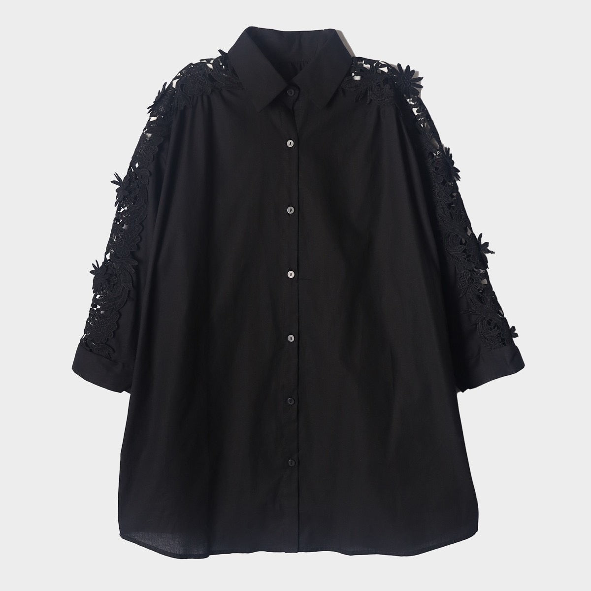 【369】袖レースデザインシャツ ブラック ※10/7迄に順次発送予定