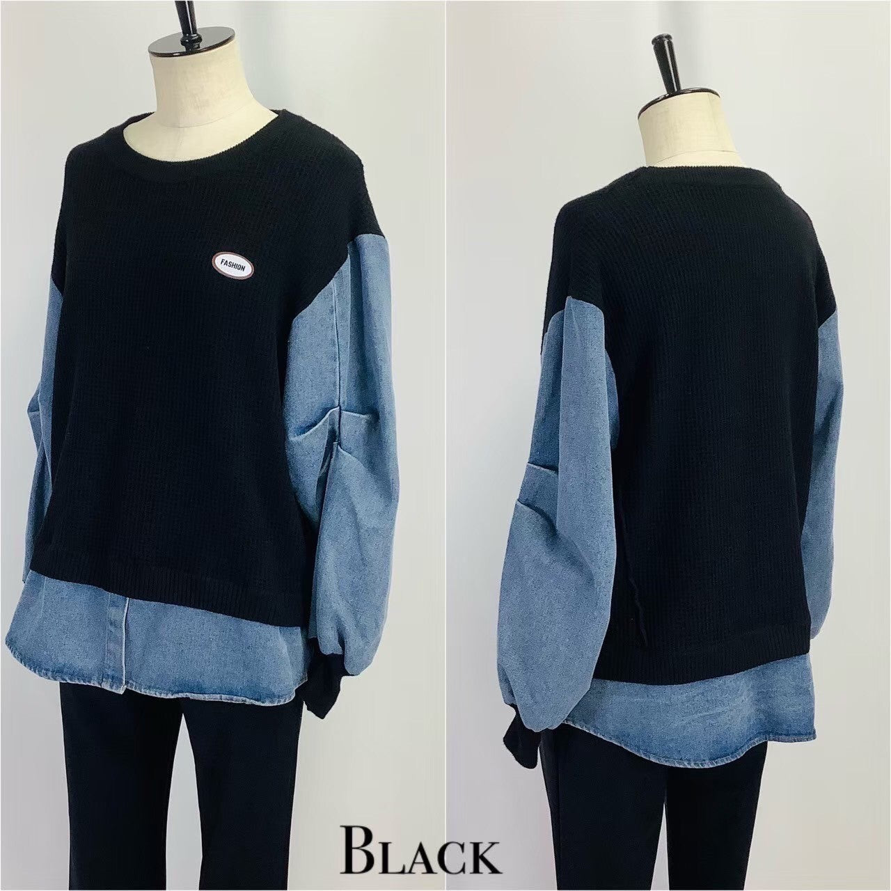 ワッフル×デニム トレーナー ブラック ※10/15迄に順次発送予定