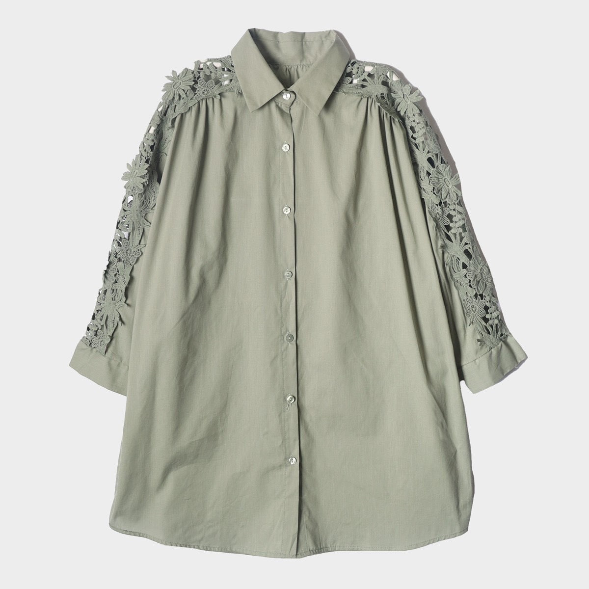 【369】袖レースデザインシャツ ライトグリーン ※10/7迄に順次発送予定