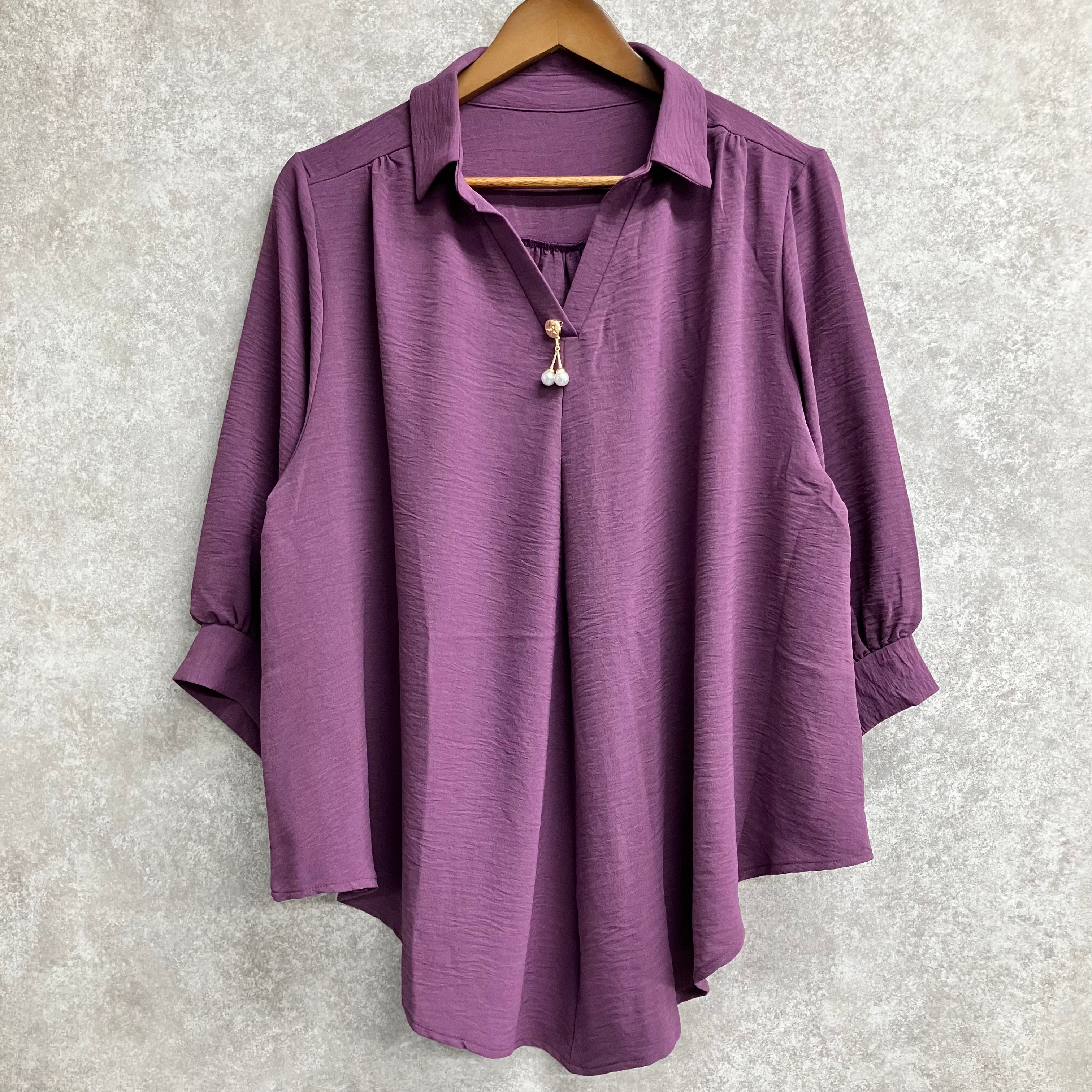 チャーム付スキッパーシャツブラウス パープル※7/9~7/15迄に順次発送予定