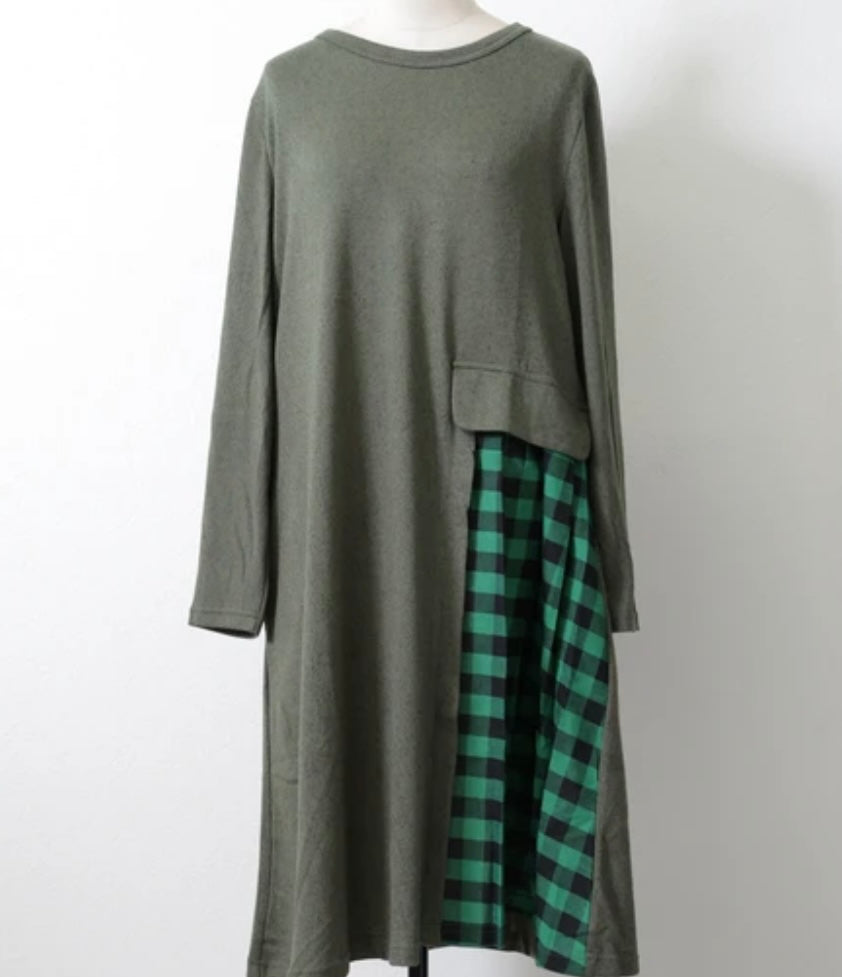 起毛チェック柄切替ワンピース グリーン ※12/9迄に順次発送予定