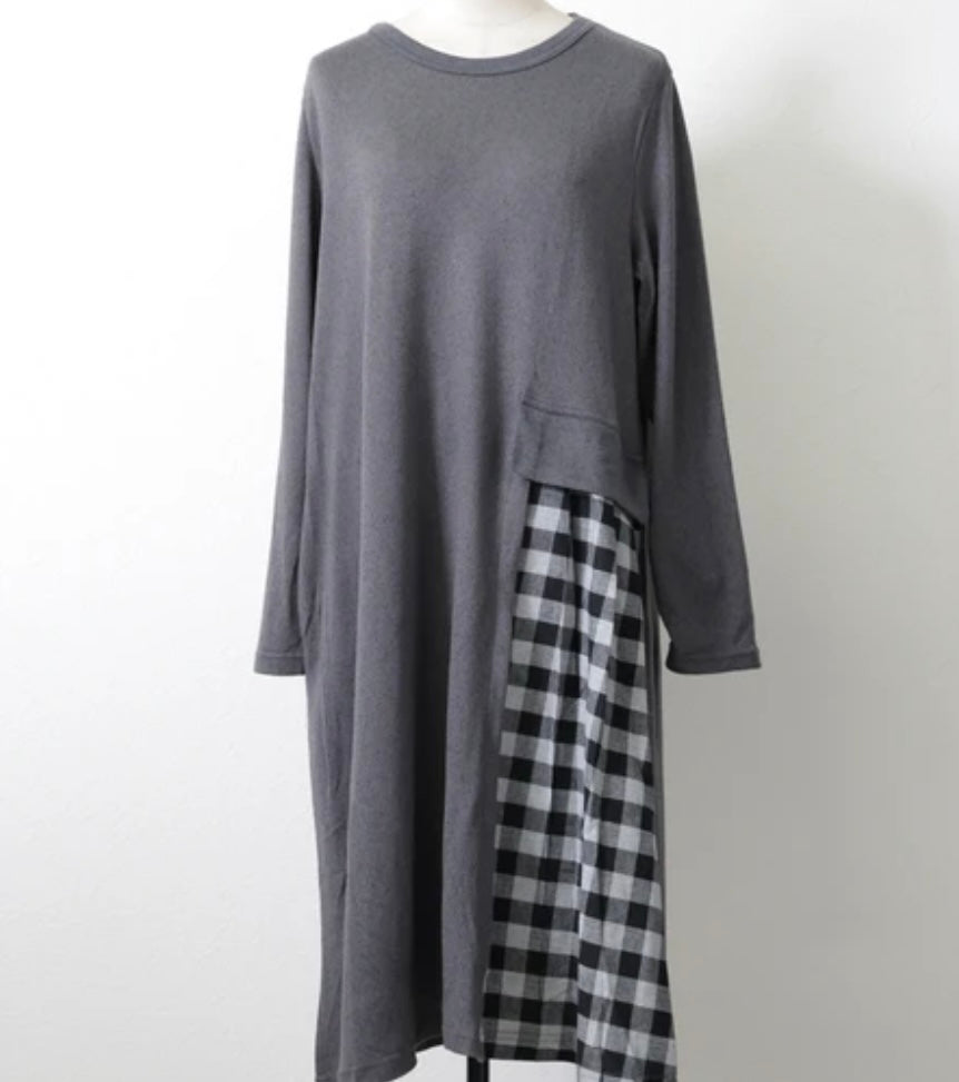 起毛チェック柄切替ワンピース チャコール※12/9迄に順次発送予定