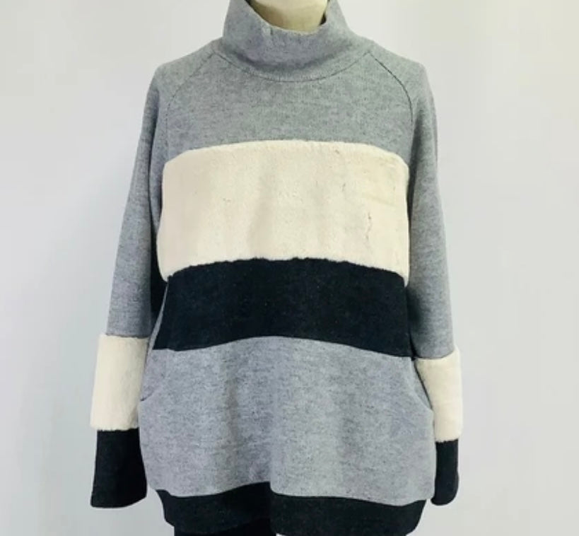 フェイクファー切替太ボーダーカットソー グレー※11/25迄に順次発送予定