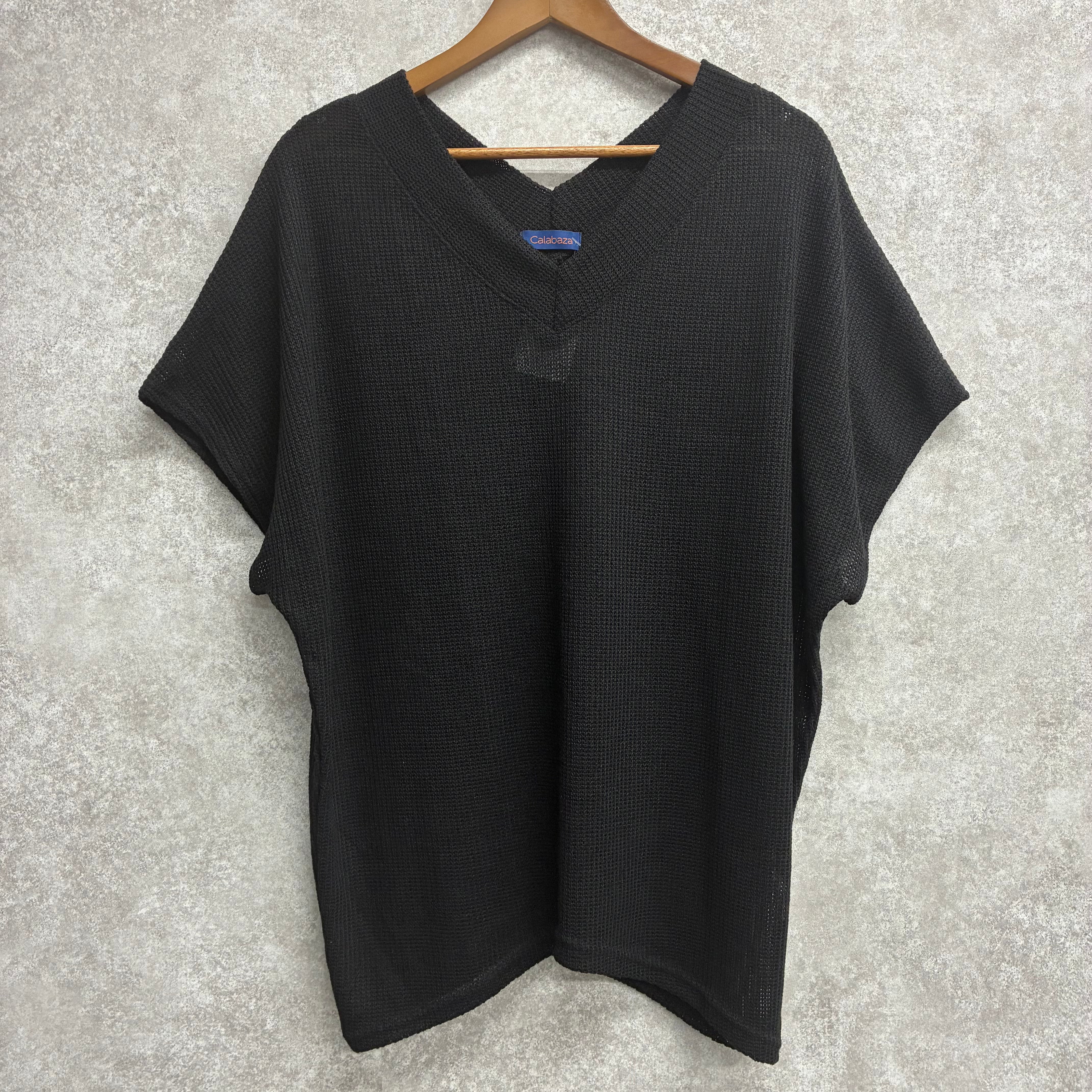 【8月2週目で使いたい】Vネック半袖メッシュニットトップス ブラック※8/6~12迄に順次発送予定