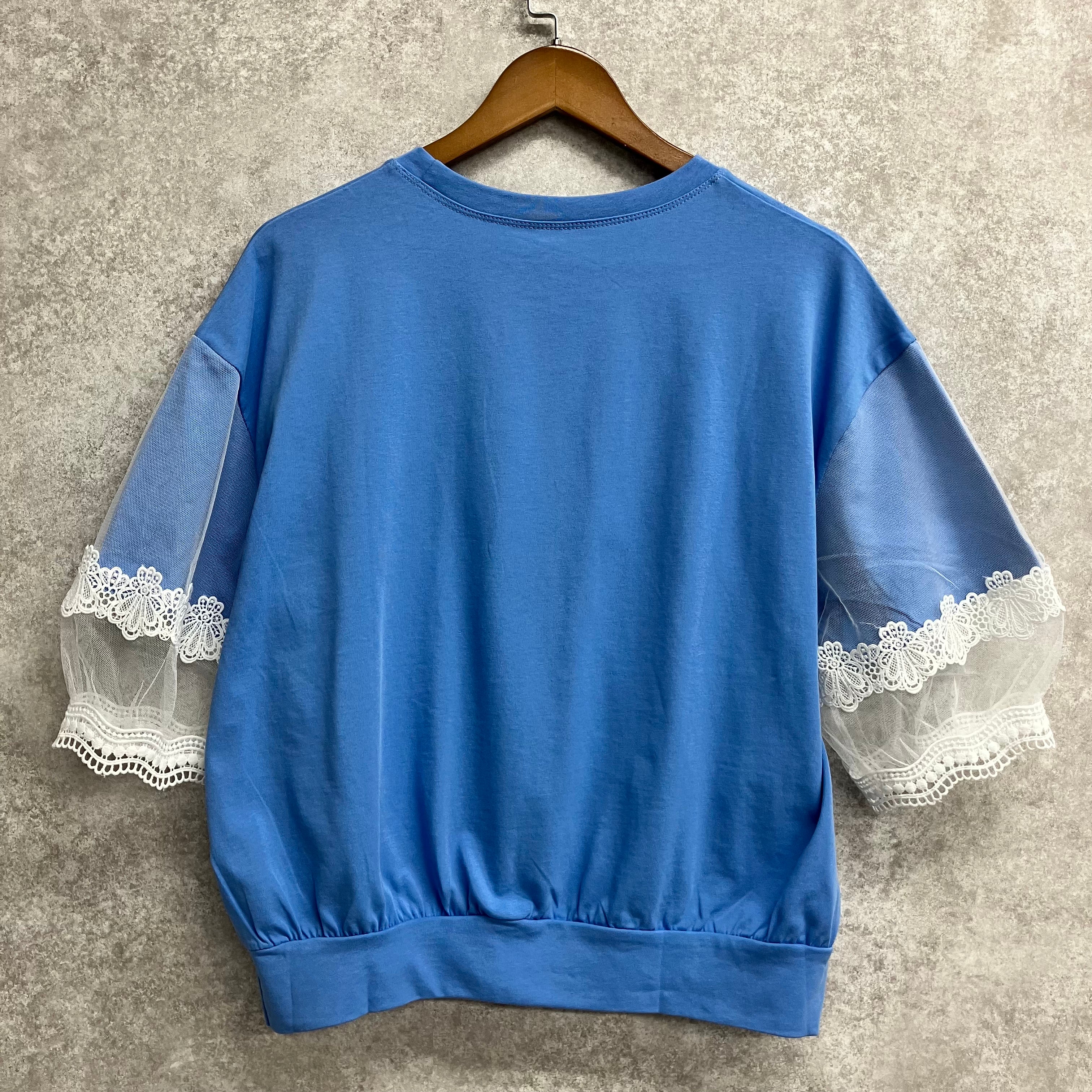 プリント袖レースTシャツ ブルー※5/28~6/3迄に順次発送予定