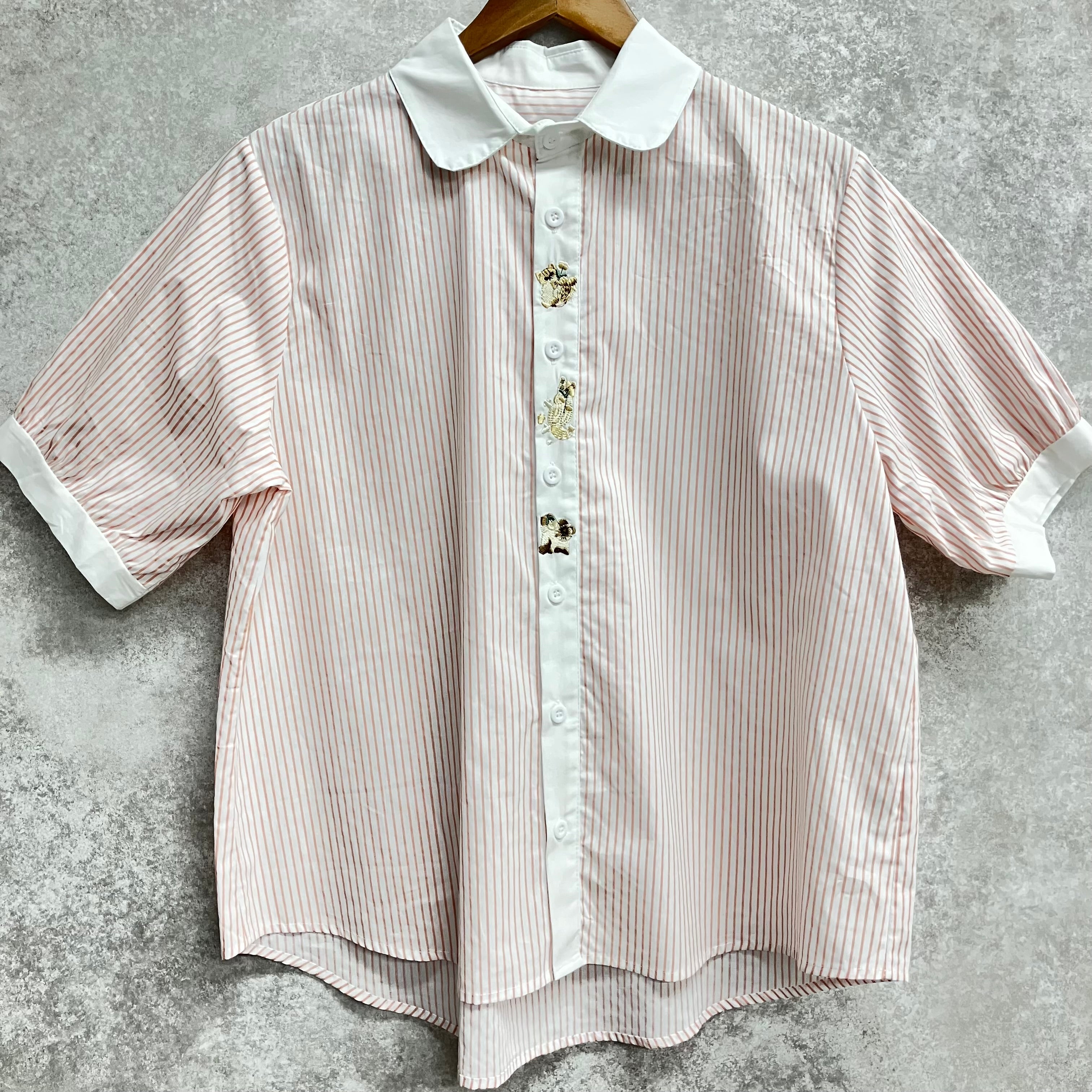 猫刺繍ストライプ半袖ブラウス ピンク※6/11~17迄に順次発送予定