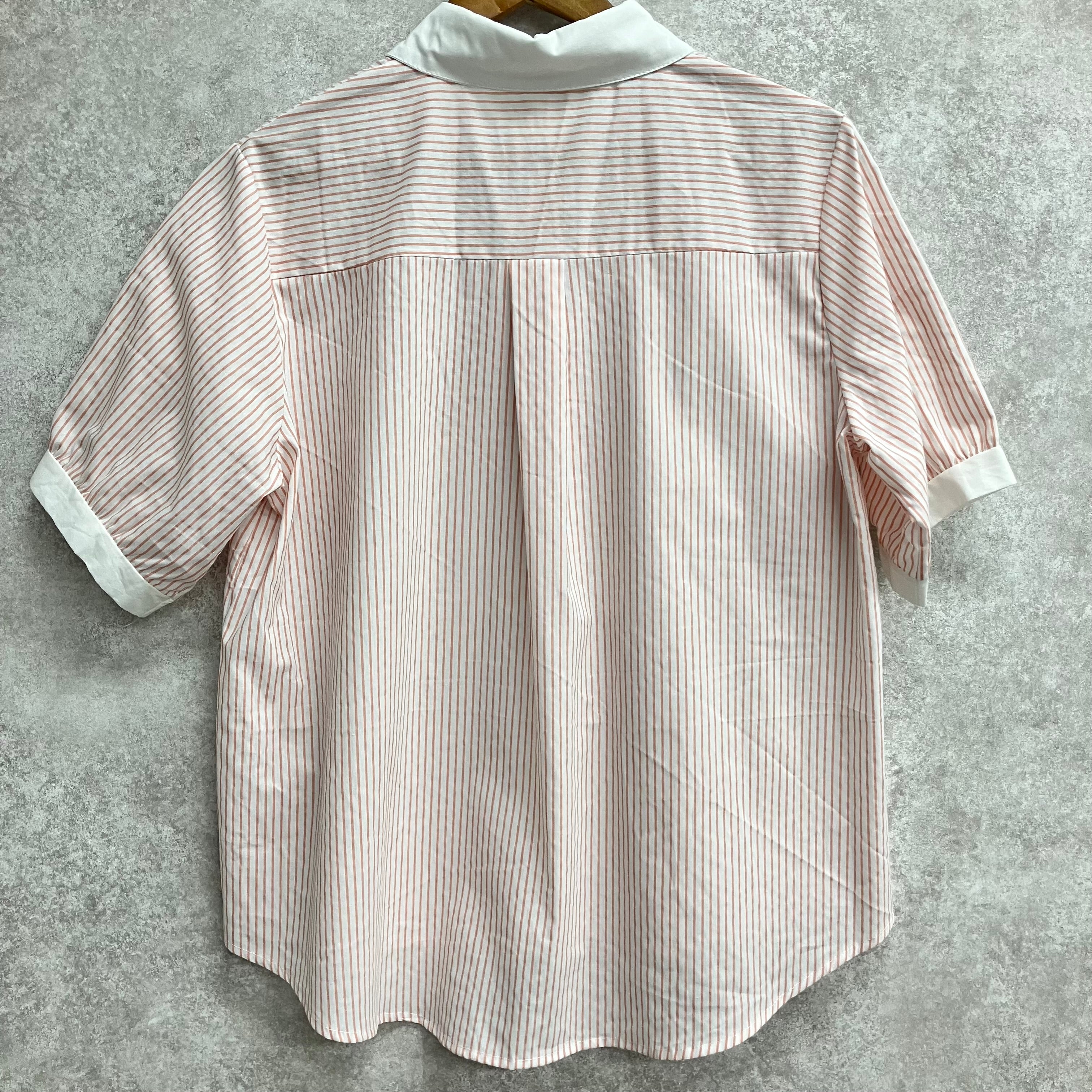 猫刺繍ストライプ半袖ブラウス ピンク※6/11~17迄に順次発送予定