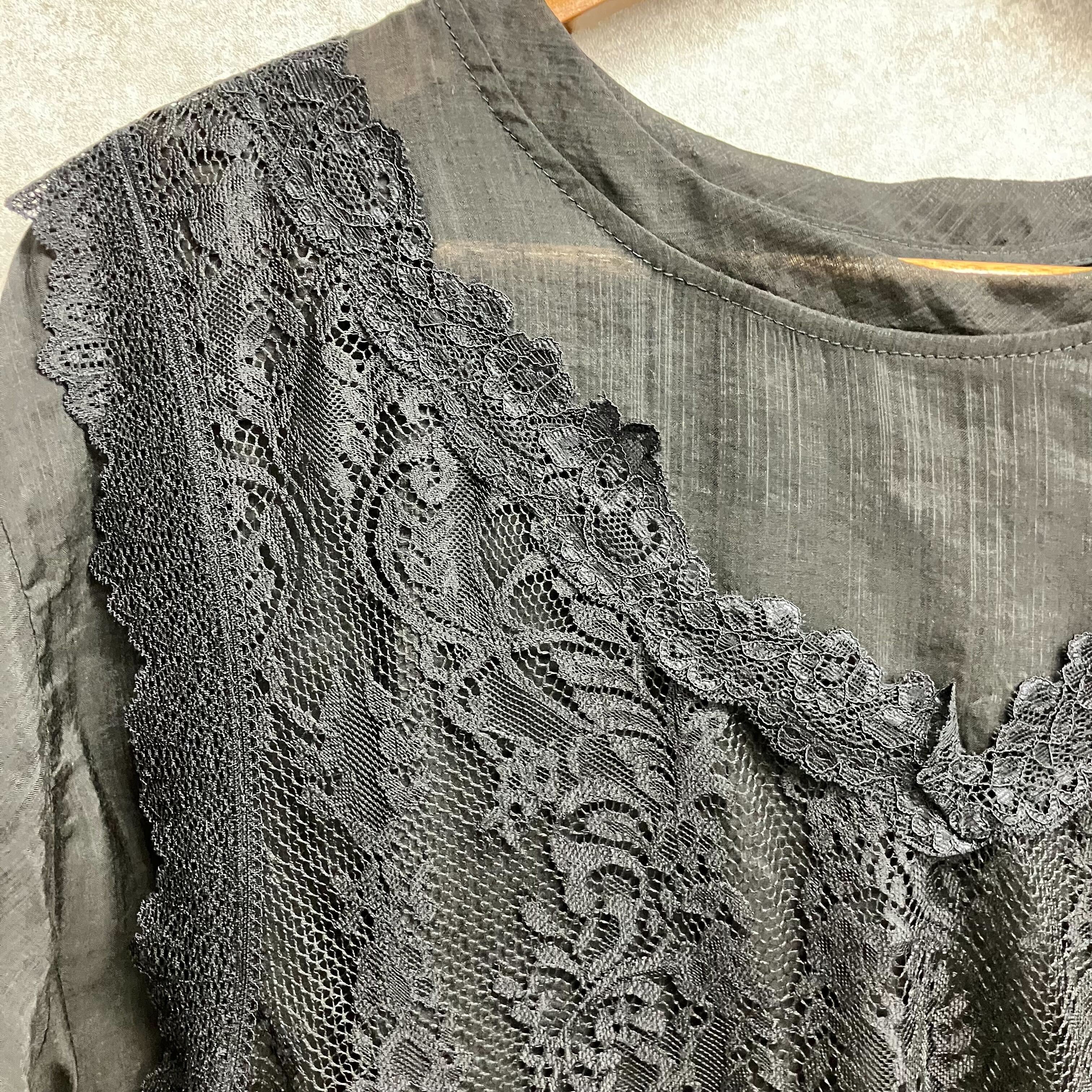 レース重ね綿シフォンブラウス ブラック※7/23~29迄に順次発送予定