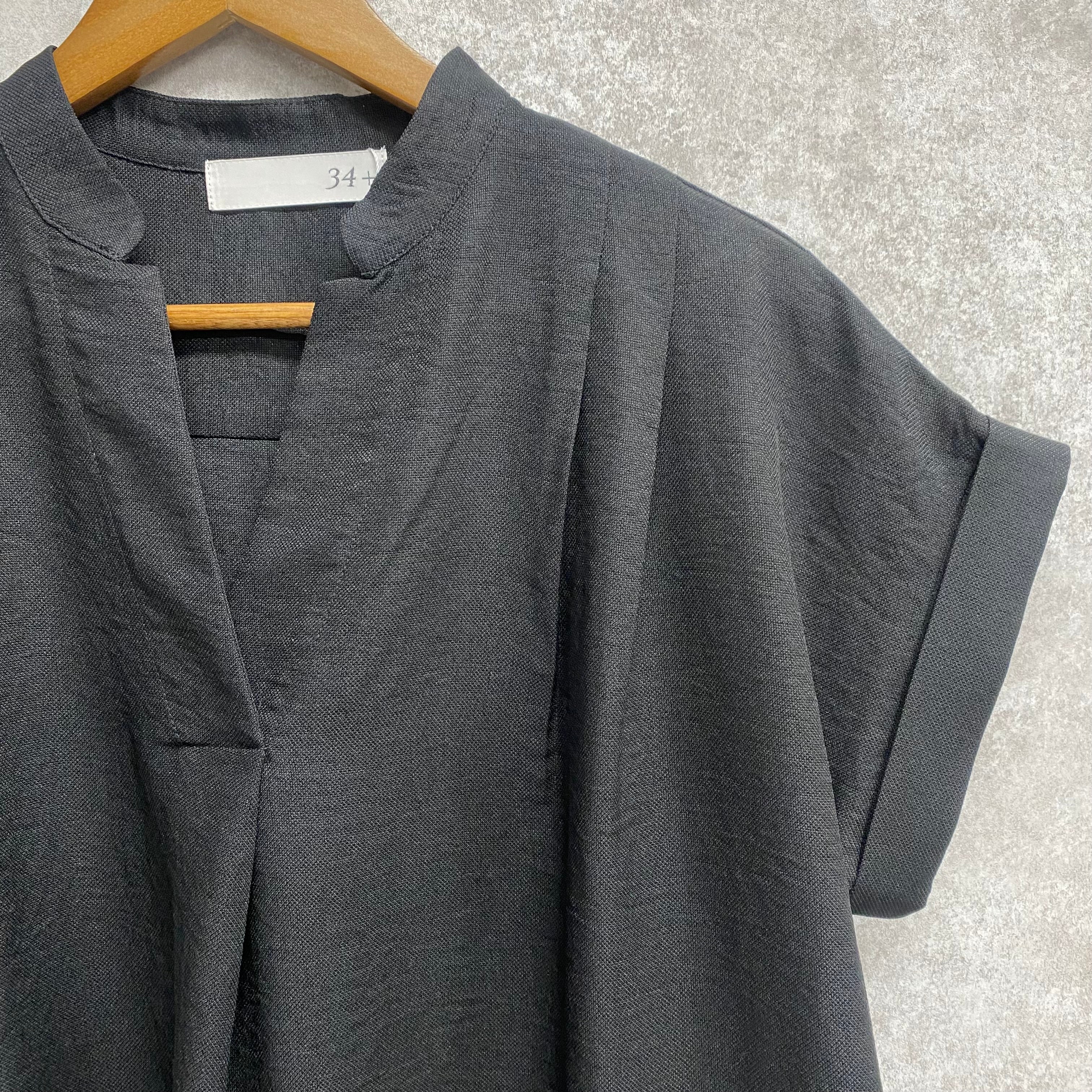 リネンライク気流染めタック半袖ワンピース ブラック※7/16~22迄に順次発送予定