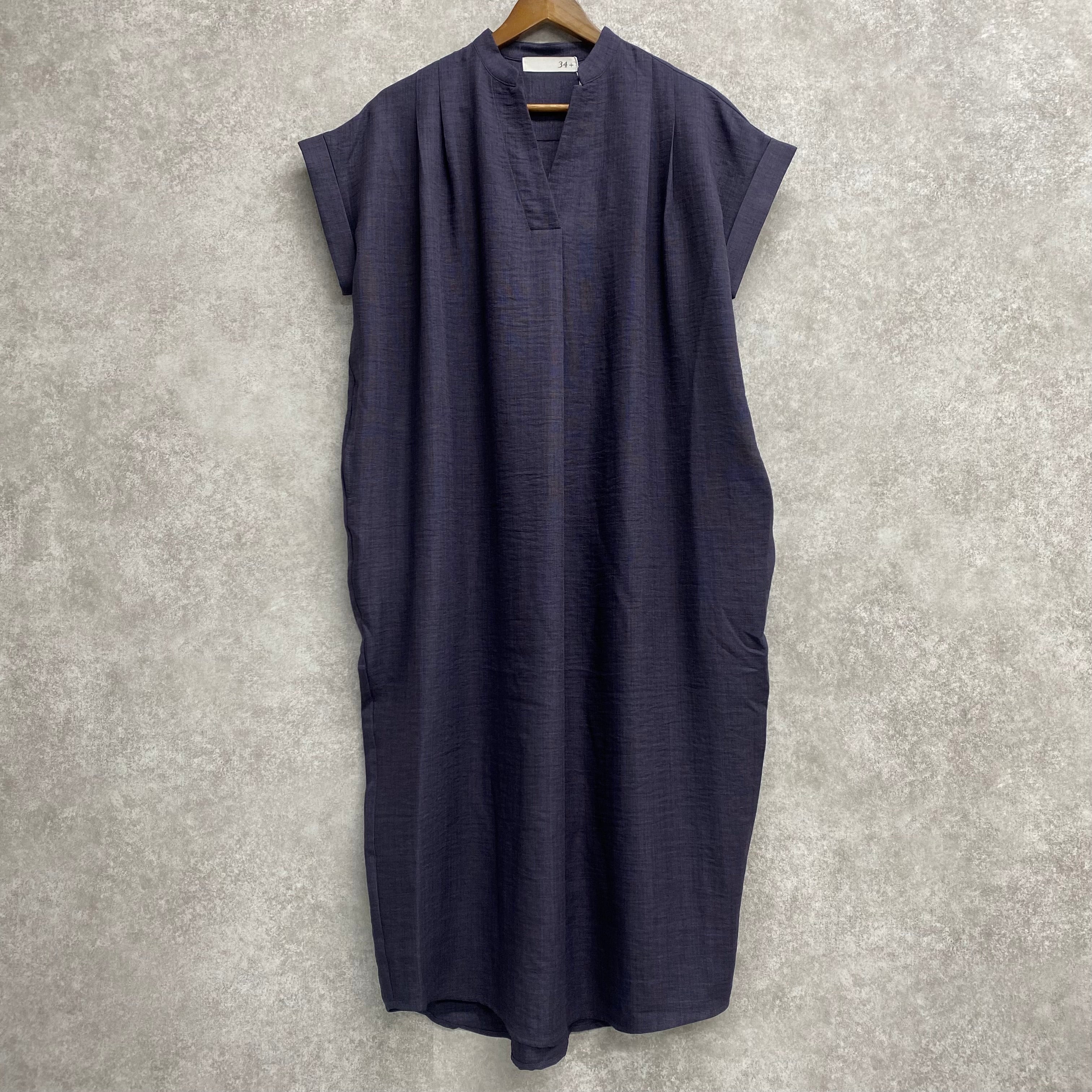リネンライク気流染めタック半袖ワンピース ネイビー※7/16~22迄に順次発送予定
