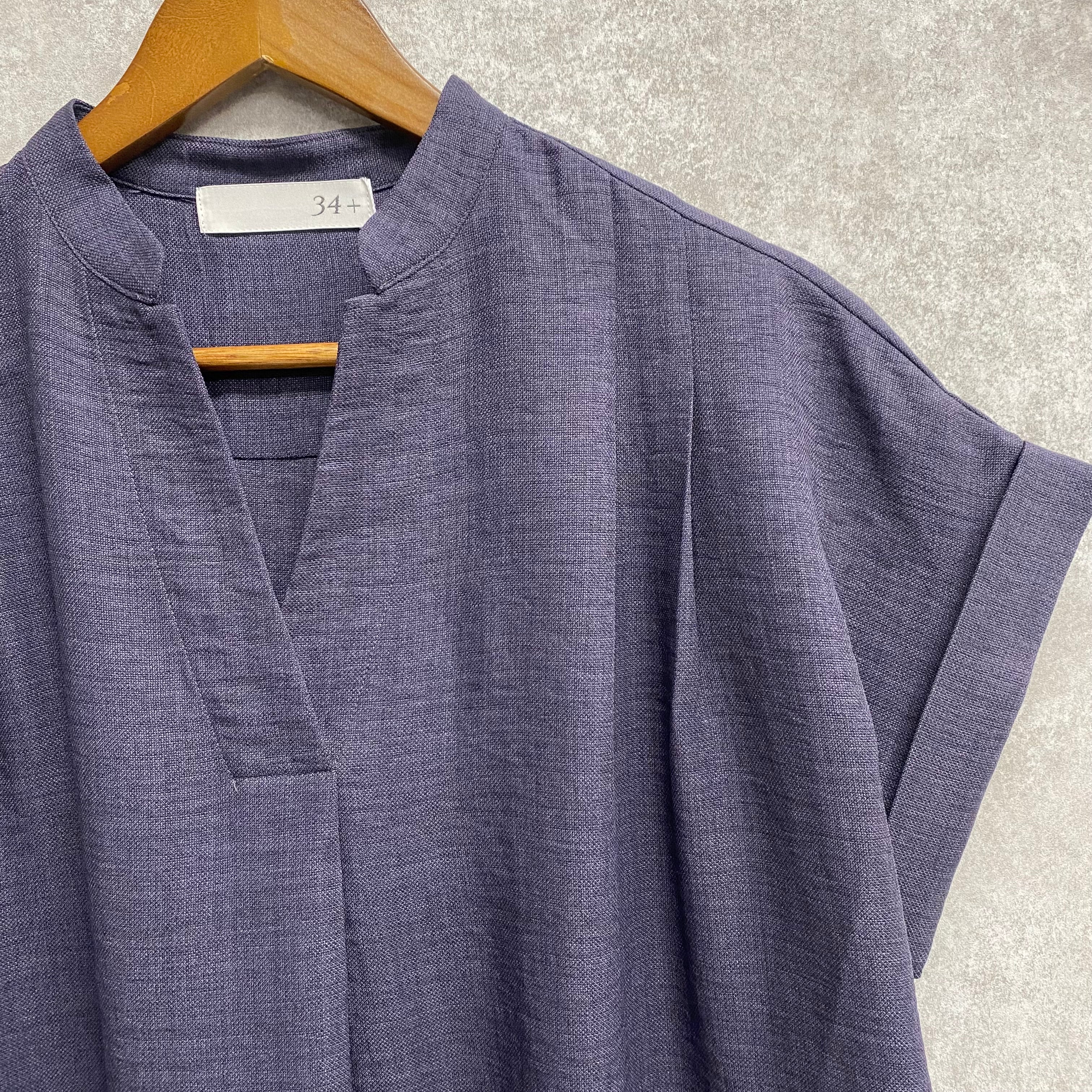 リネンライク気流染めタック半袖ワンピース ネイビー※7/16~22迄に順次発送予定