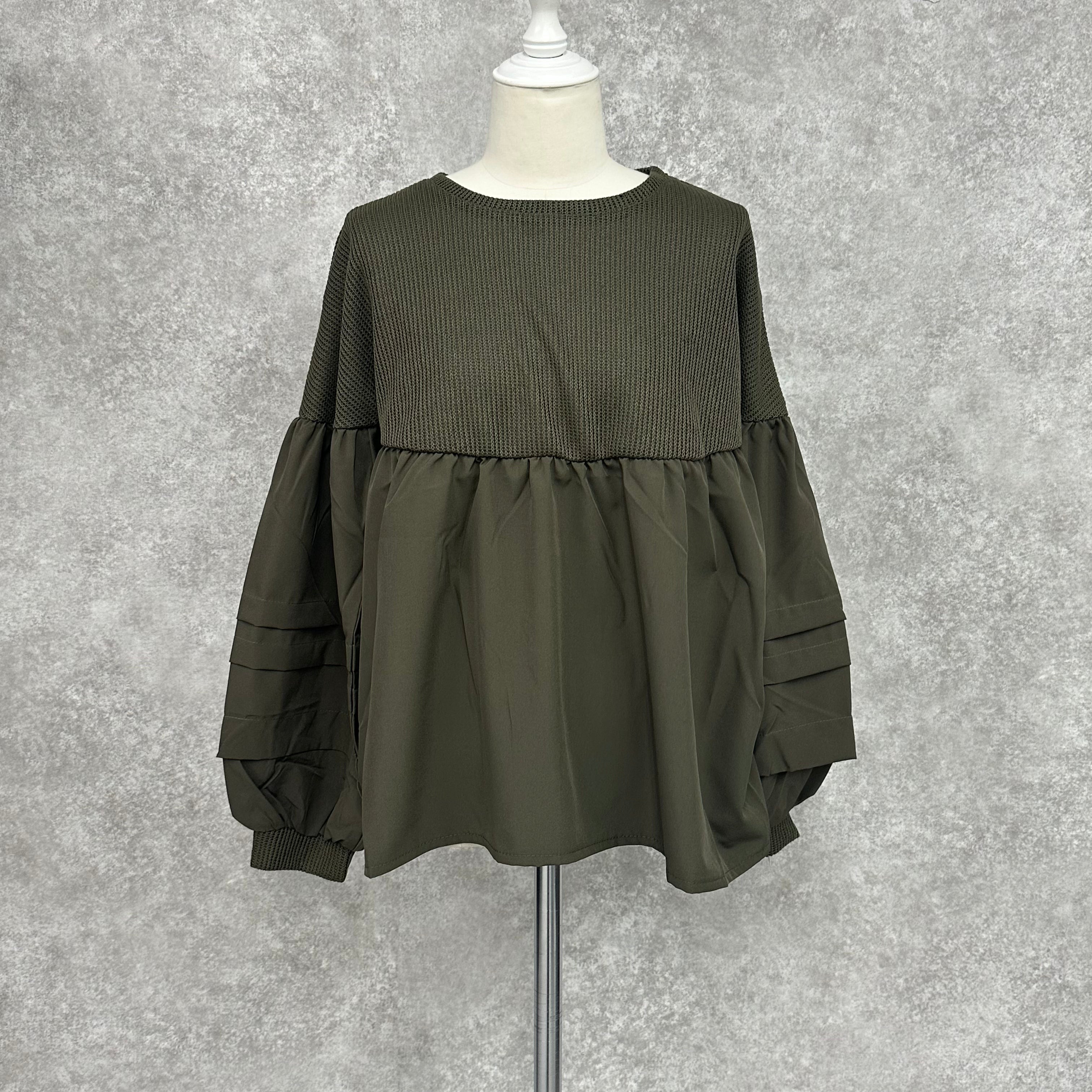 【在庫5点以下】異素材ドッキング長袖トップス カーキ※4/15迄に順次発送予定