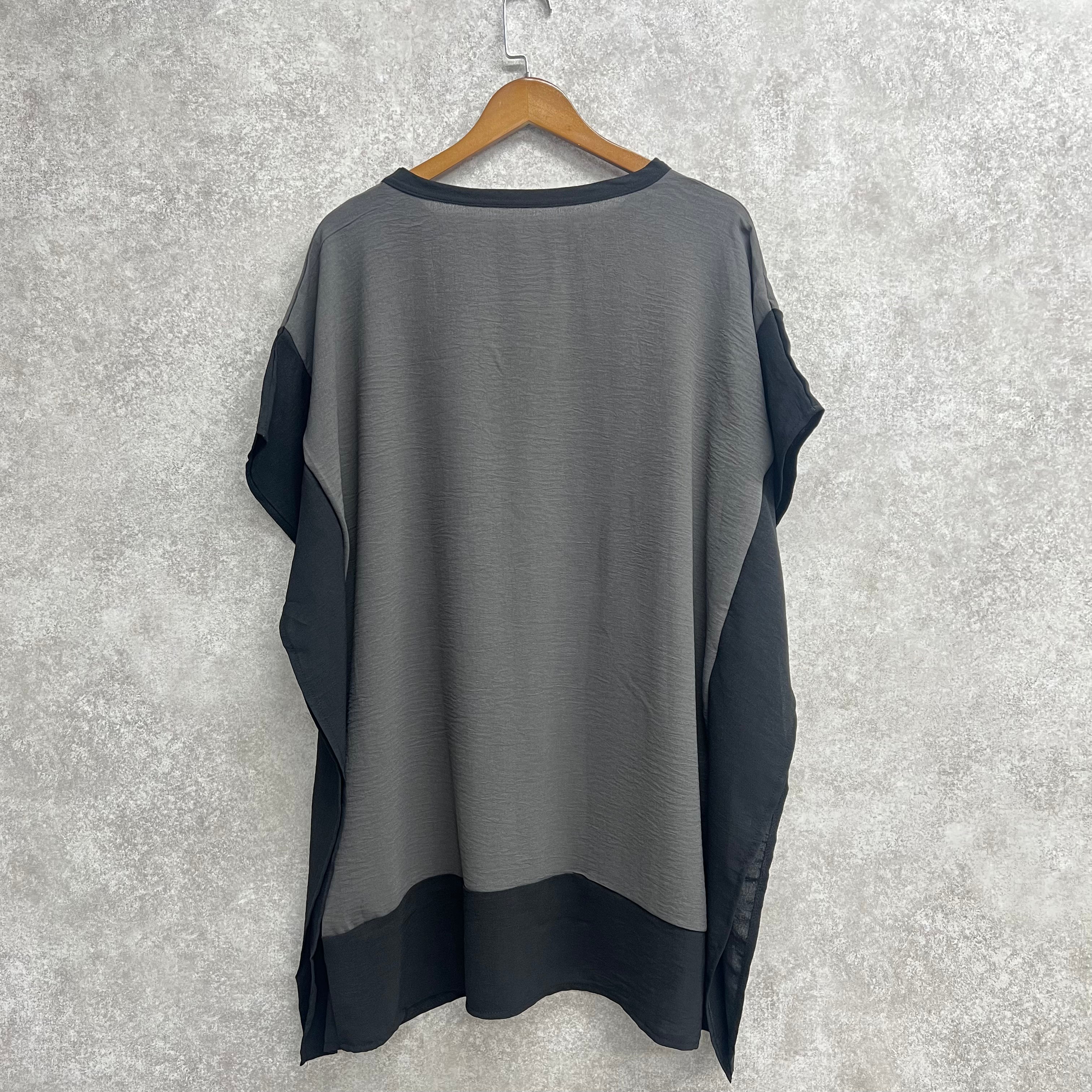 ロング丈配色ワッシャーポンチョ グレー ※4/30~5/6までに順次配送予定