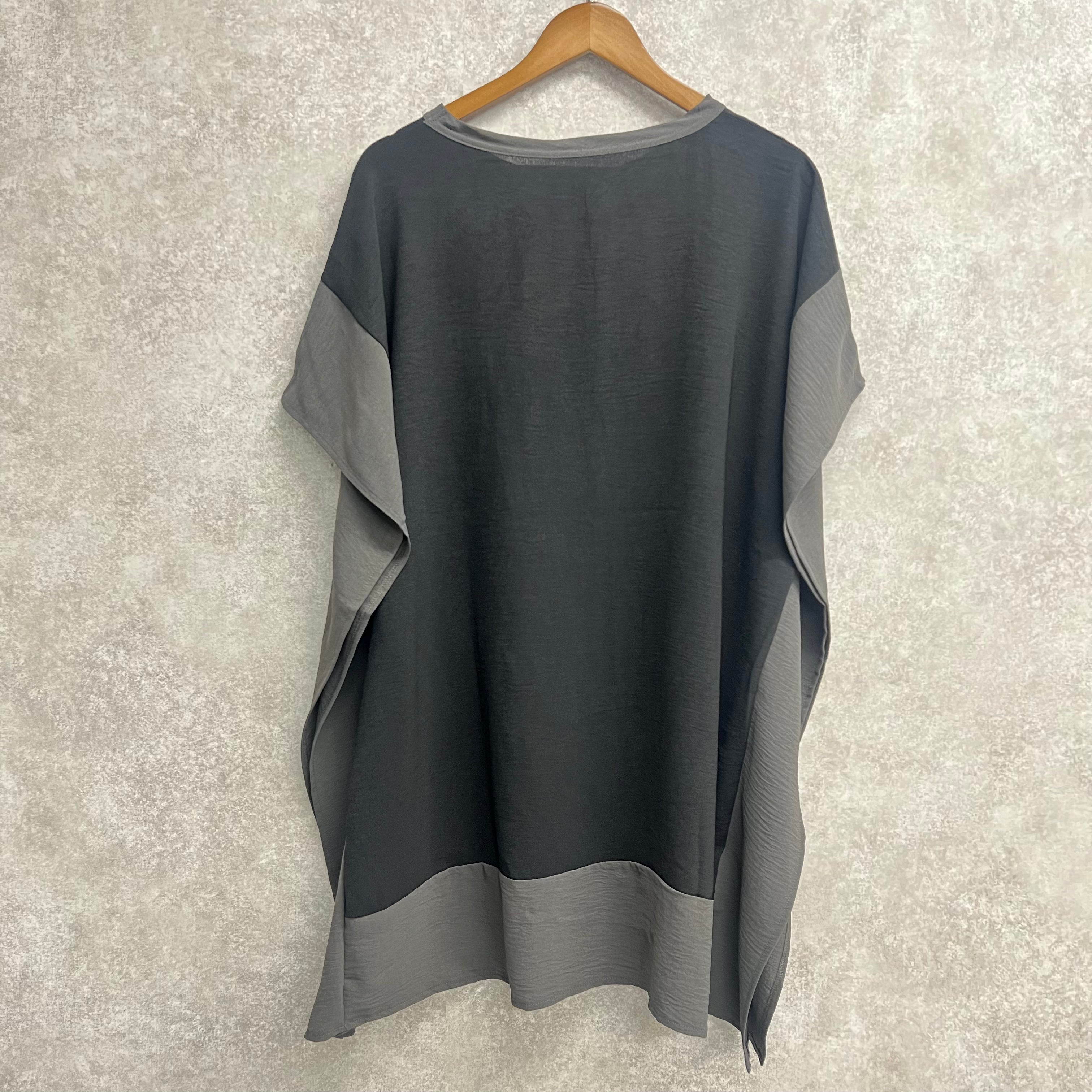 ロング丈配色ワッシャーポンチョ ブラック ※4/30~5/6までに順次配送予定