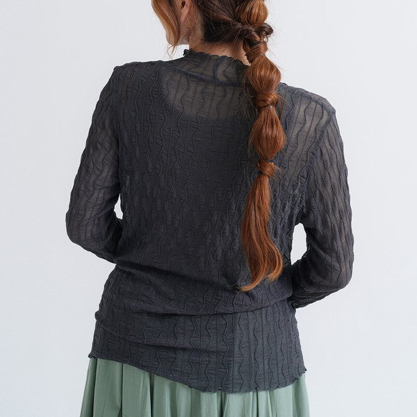 ウェーブ柄シアーハイネックトップス チャコール ※3/4迄に順次発送予定