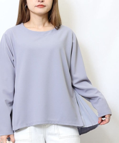 サイドプリーツ丸首長袖カットソーchouchou 　ブルーグレー※4/9～15迄に順次発送予定