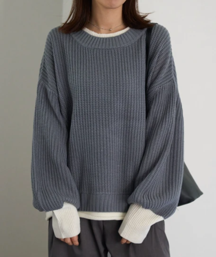 レイヤード風配色ニットプルオーバー ブルーグレー※2/10迄に順次発送予定