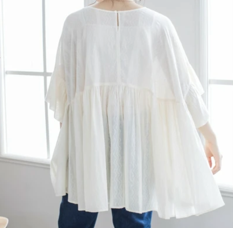 インド綿100%ジャガード フレアブラウス　オフホワイト※4/30～5/6までに順次配送予定