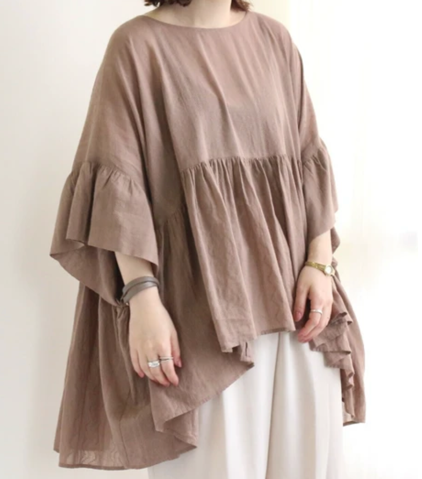 インド綿100%ジャガード フレアブラウス　モカ※7/23～29迄に順次発送予定