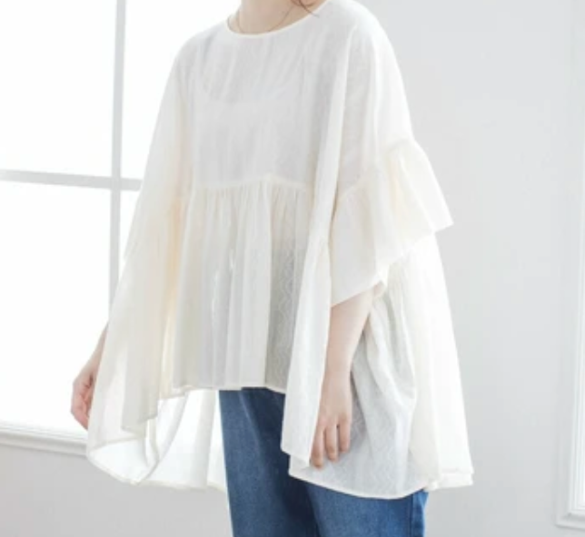 インド綿100%ジャガード フレアブラウス　オフホワイト※4/30～5/6までに順次配送予定