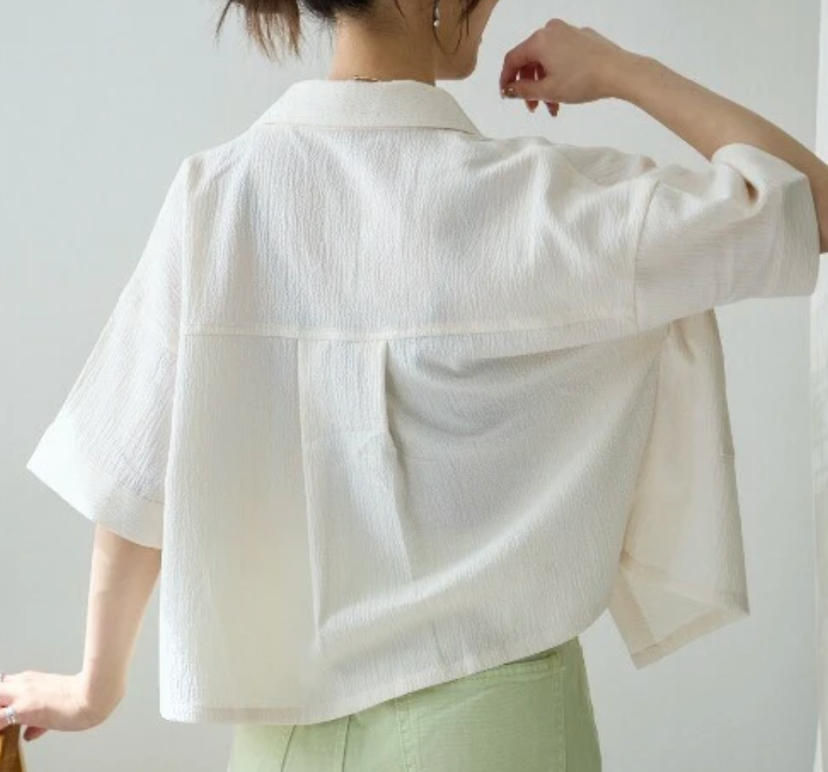 クロップ半袖シャツブラウス　アイボリー※5/28～6/3迄に順次発送予定