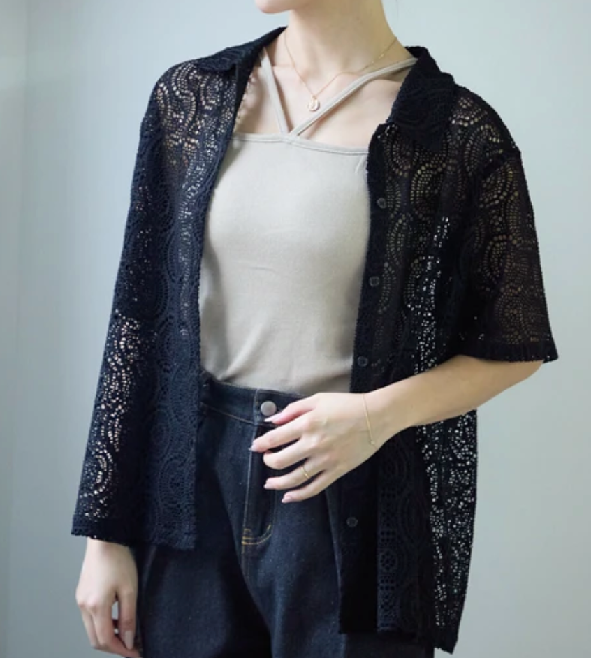 レース半袖シャツ　ブラック※7/23～29迄に順次発送予定