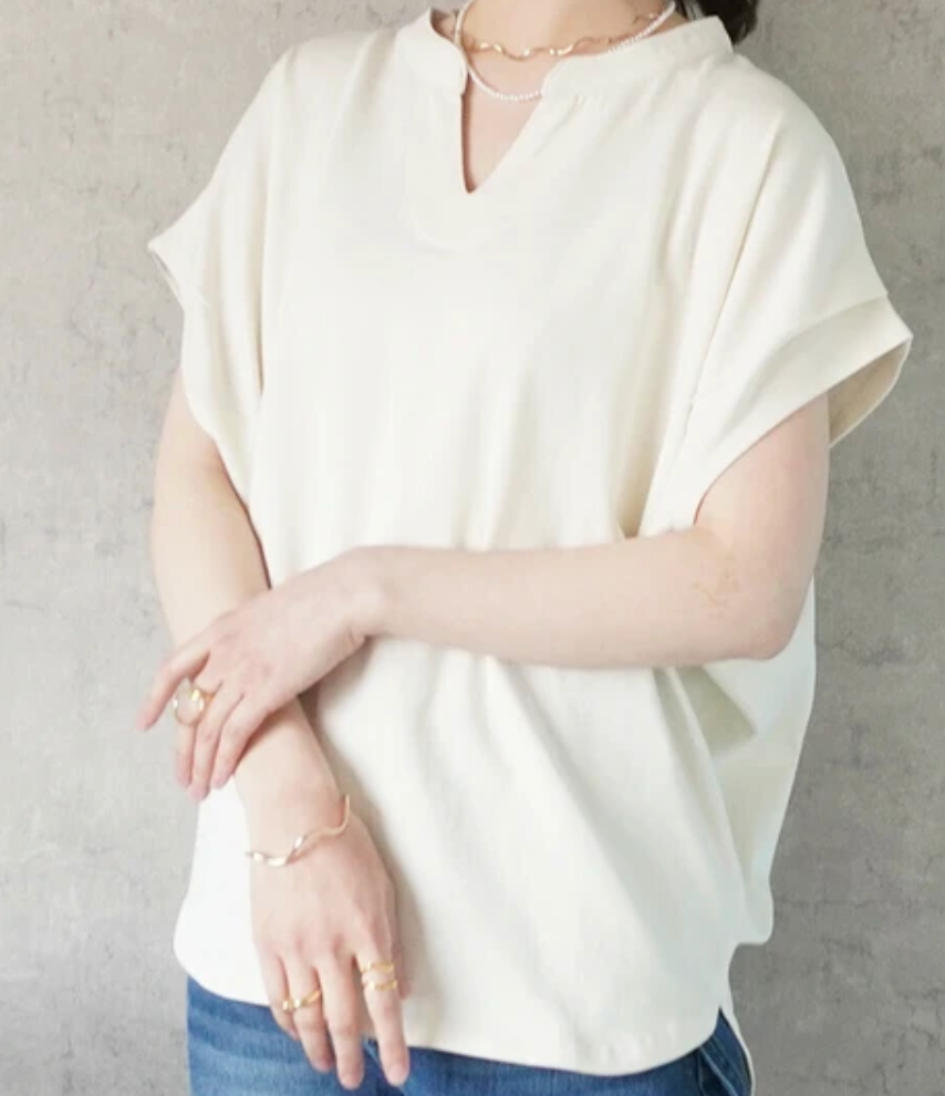 天竺キーネックフレンチスリーブTシャツ アイボリー※7/2～8迄に順次発送予定