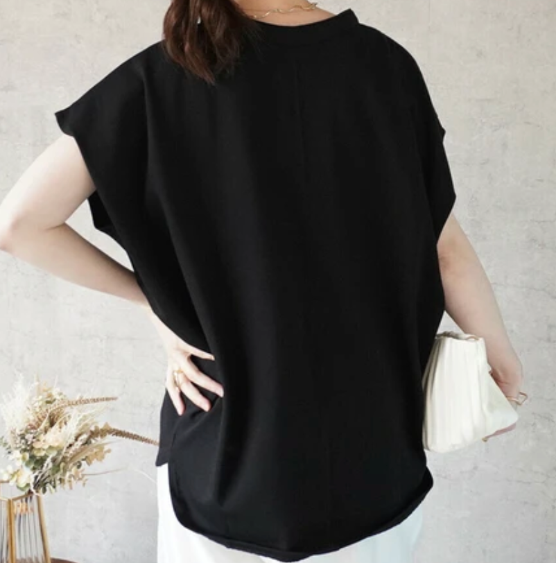 天竺キーネックフレンチスリーブTシャツ ブラック※7/2～8迄に順次発送予定