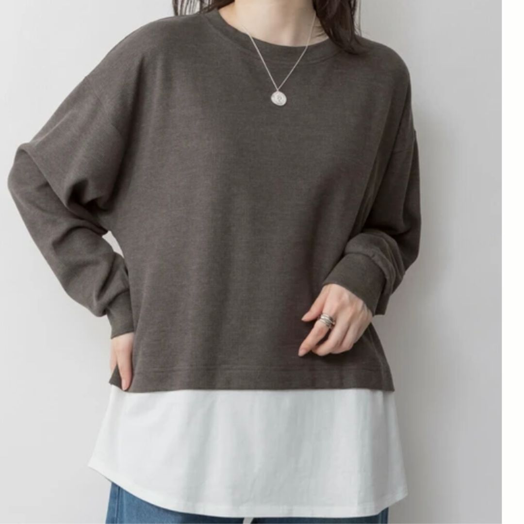 ワッフル裾切り替え長袖Tシャツ チャコール※7/2～8迄に順次発送予定