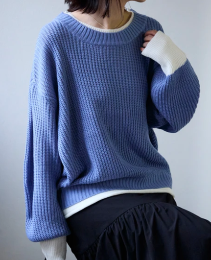 レイヤード風配色ニットプルオーバー ブルー※2/10迄に順次発送予定