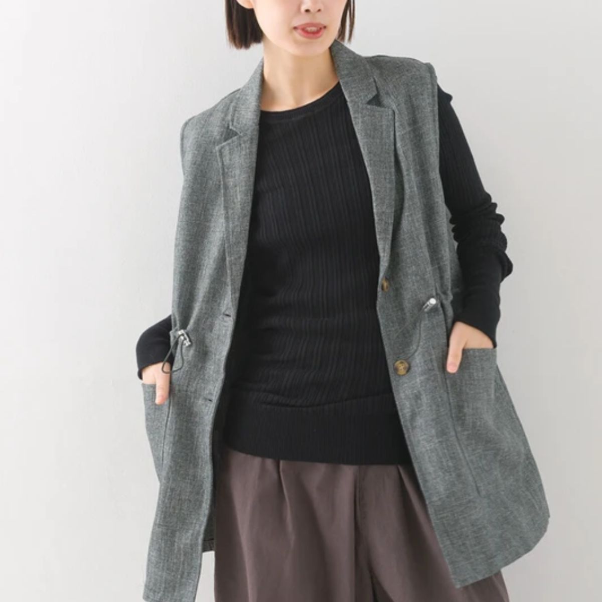 杢ツイードウエストギャザーベスト ブラック※4/23~29までに順次配送予定
