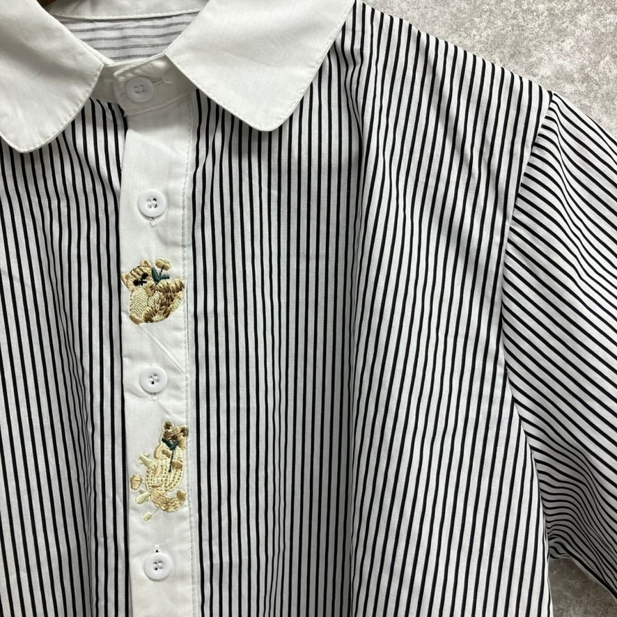猫刺繍ストライプ半袖ブラウス　ブラック※6/11～17迄に順次発送予定