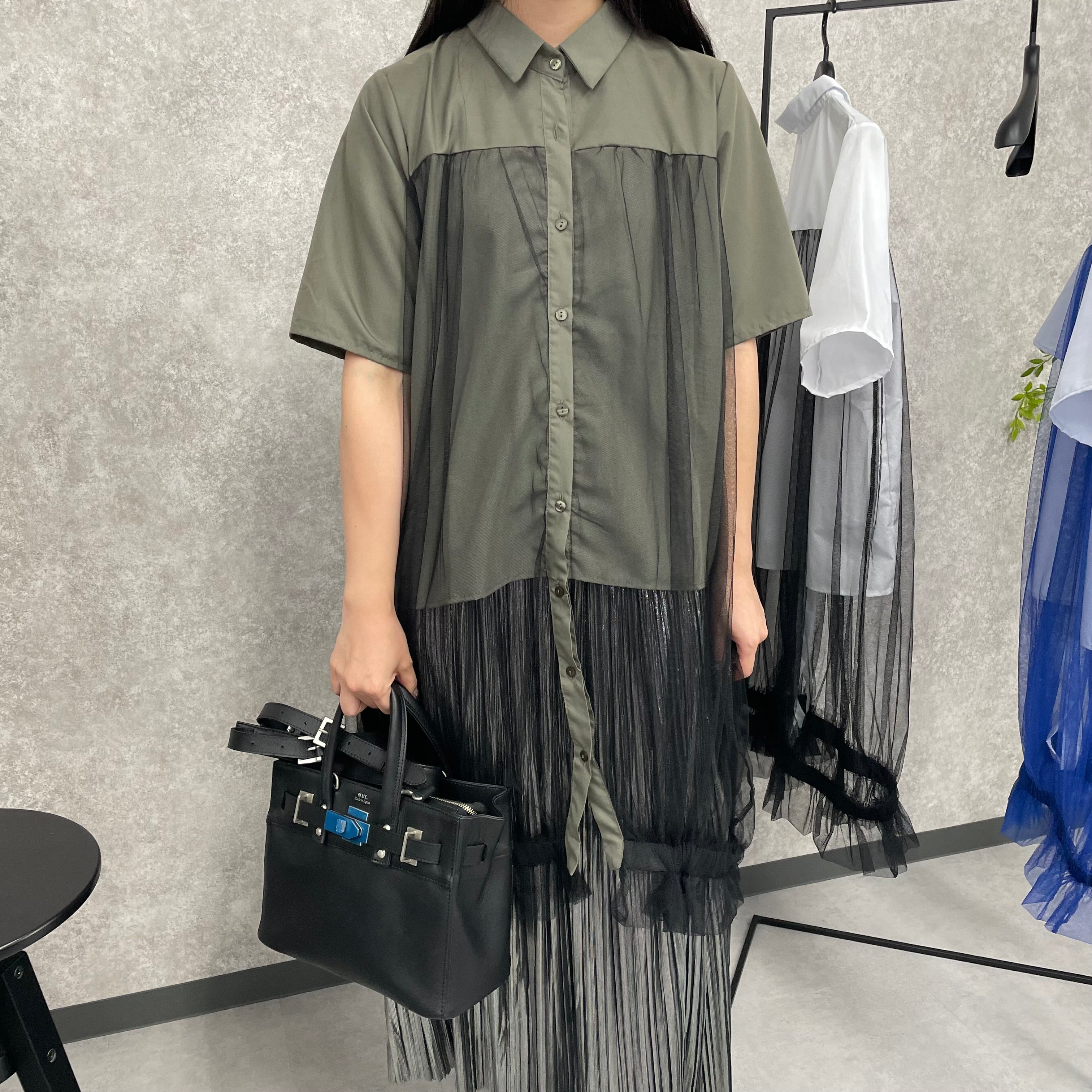 【369】チュール切り替えシャツ　カーキ  ※10/7迄に順次発送予定