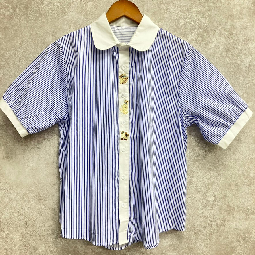 猫刺繍ストライプ半袖ブラウス　ブルー※6/11～17迄に順次発送予定