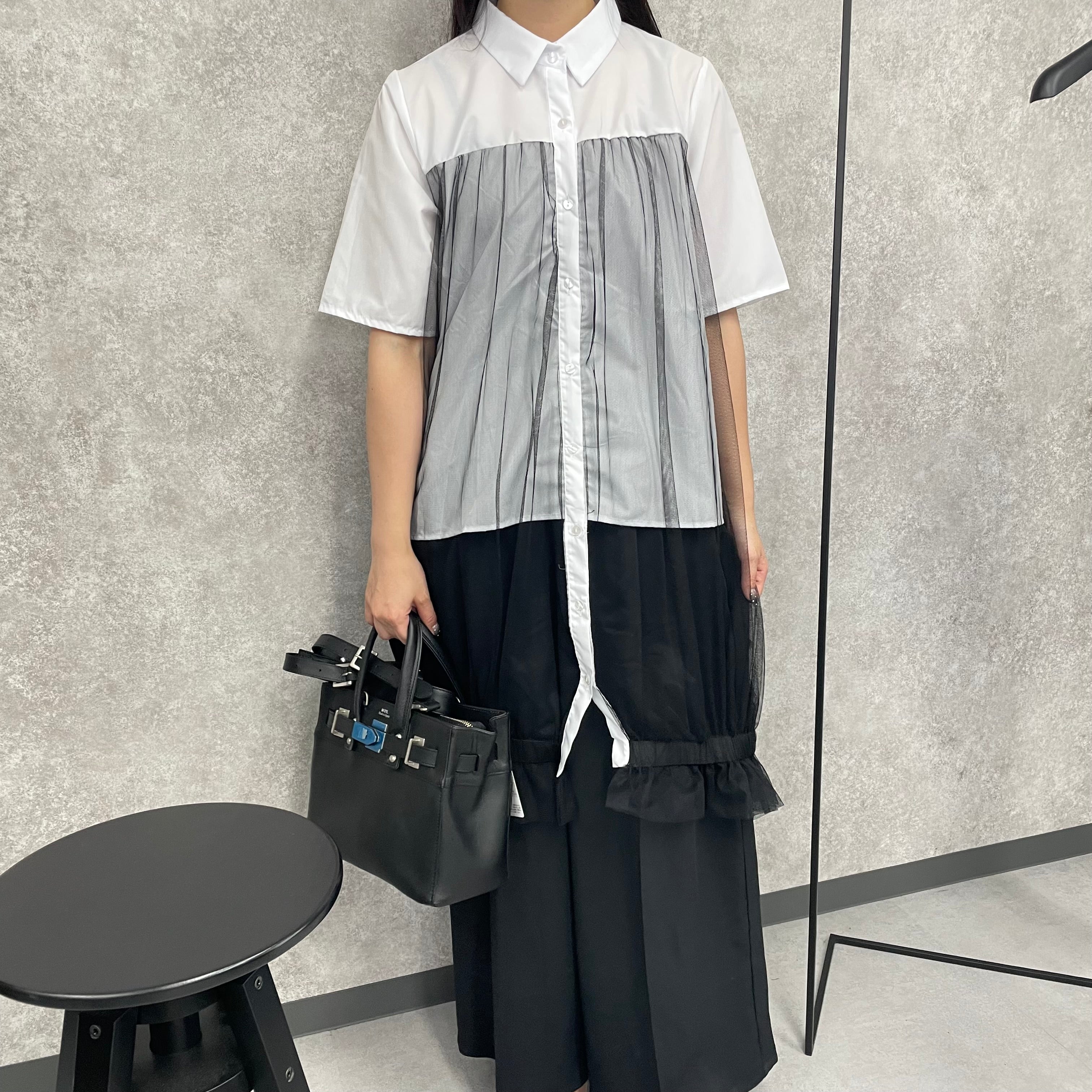 【369】チュール切り替えシャツ　ホワイト  ※10/7迄に順次発送予定