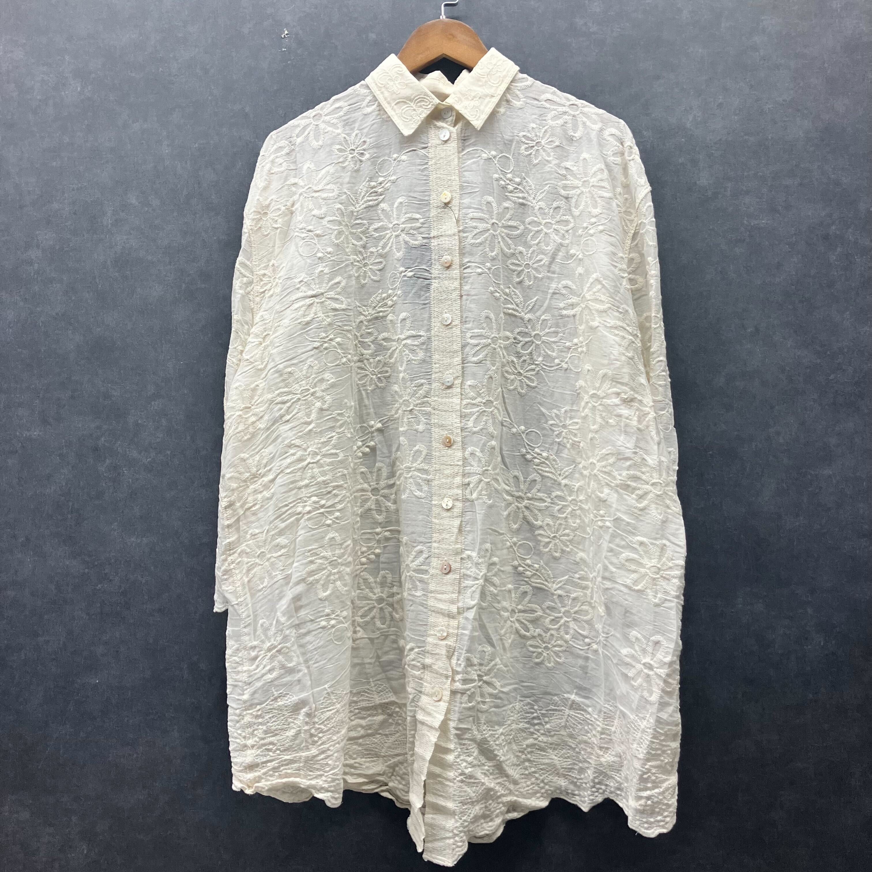 刺繍花柄ロングシャツ アイボリー※3/18迄に順次発送予定