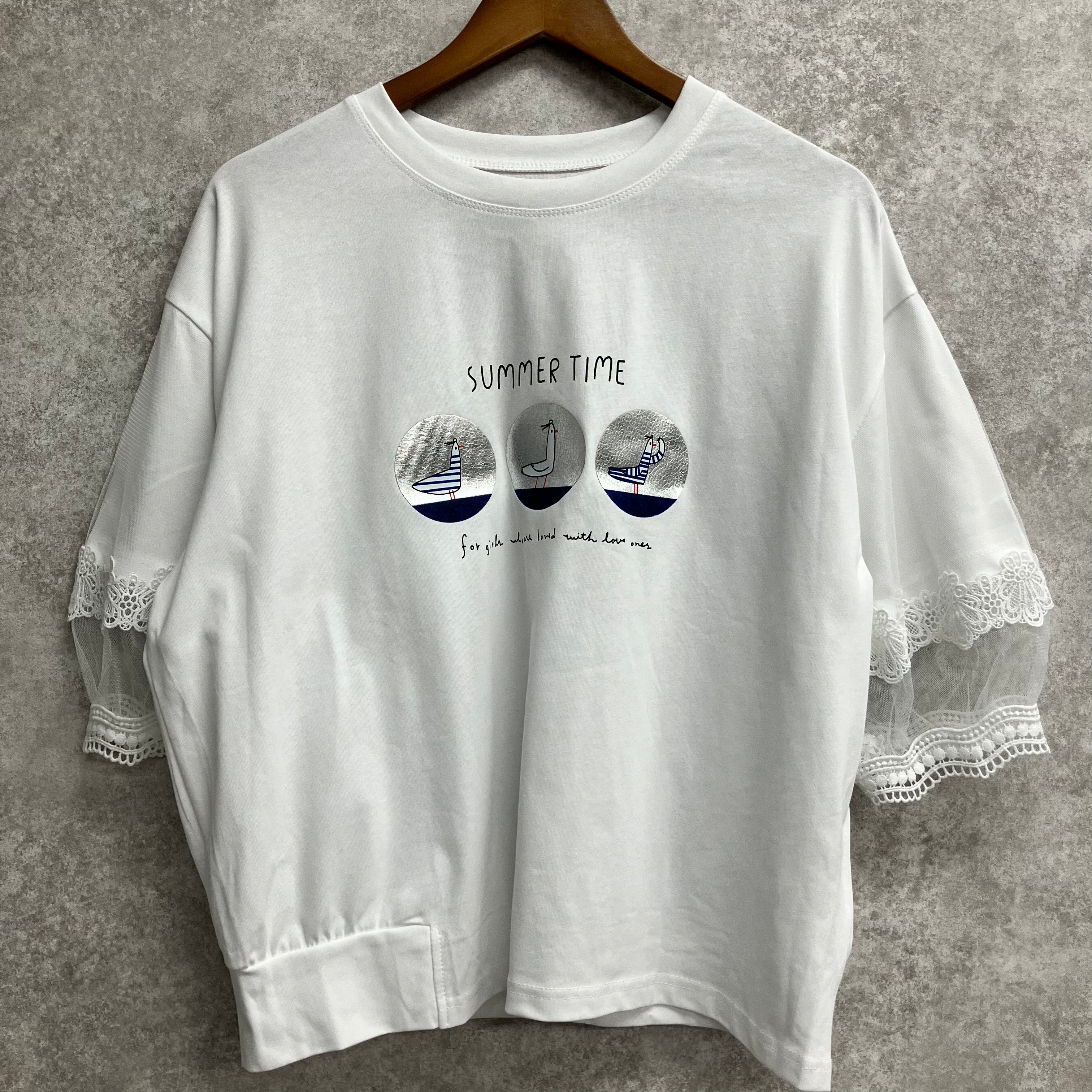 プリント袖レースTシャツ　オフホワイト※5/21～27迄に順次発送予定