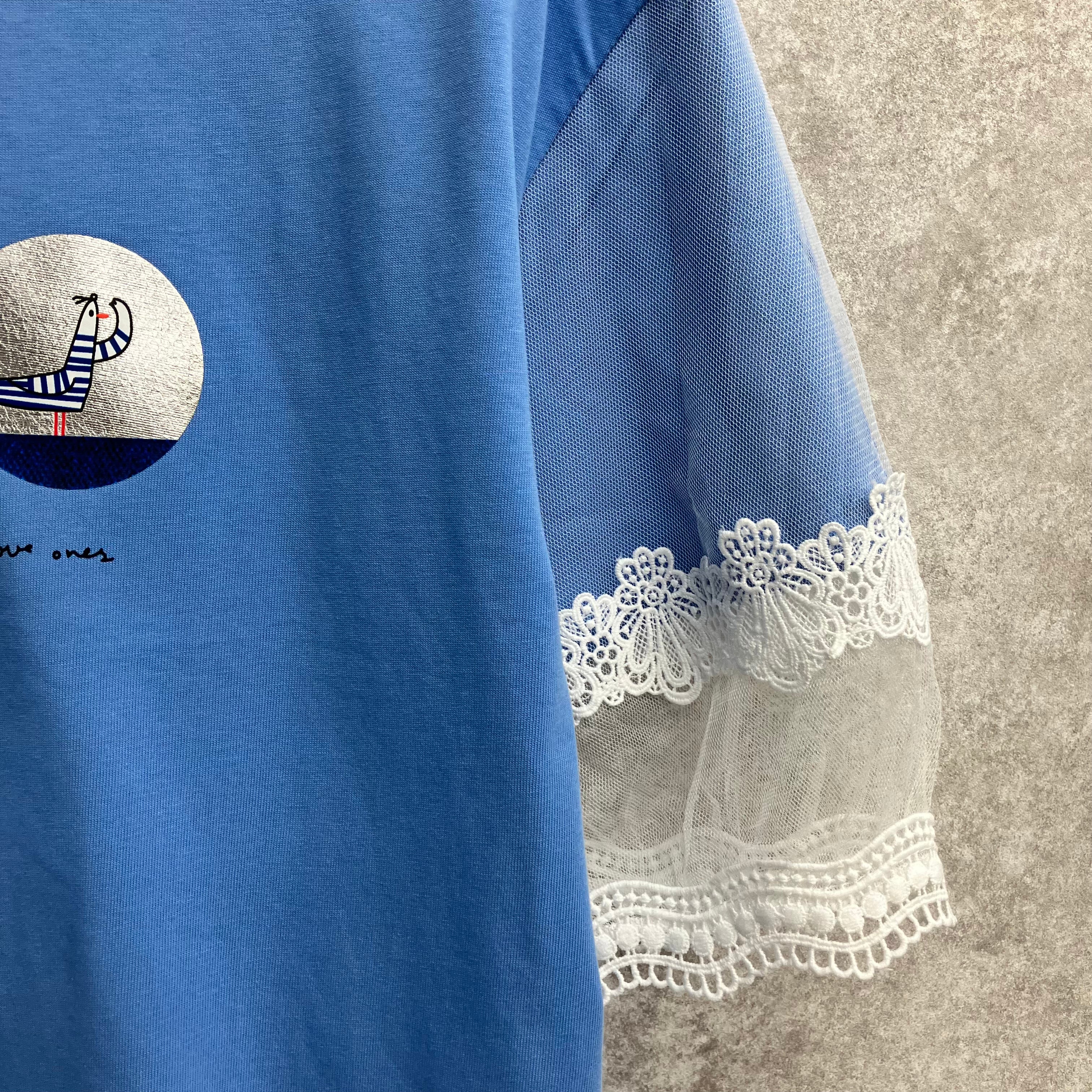 プリント袖レースTシャツ　ブルー※5/28～6/3迄に順次発送予定