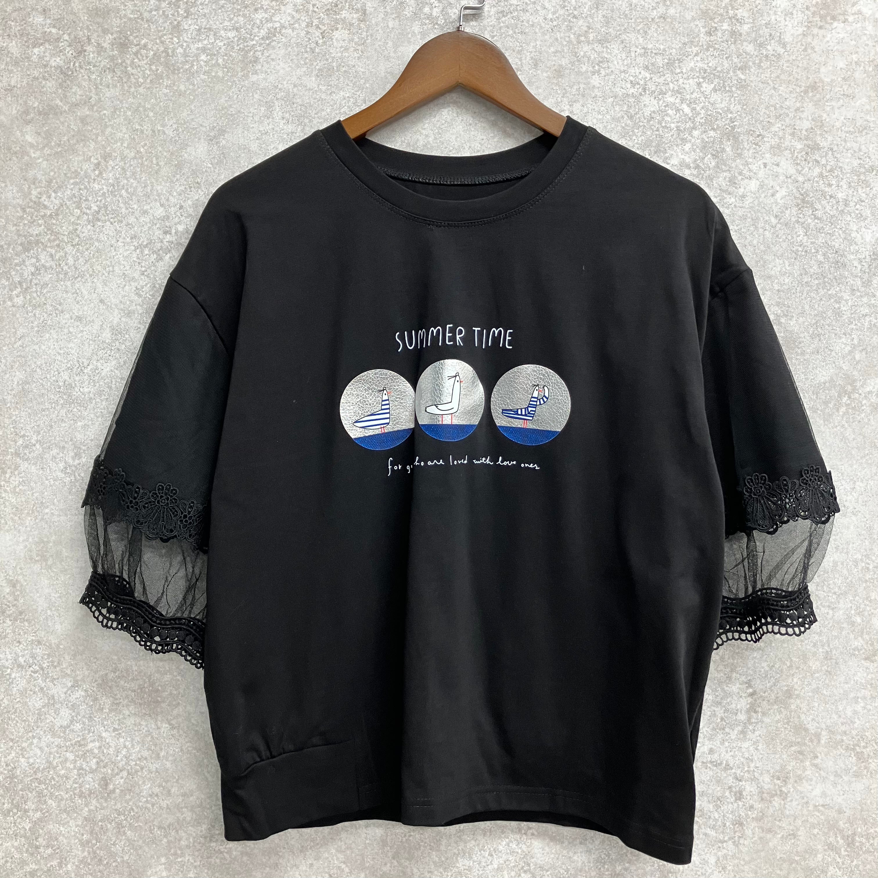 プリント袖レースTシャツ　ブラック※5/21～27迄に順次発送予定